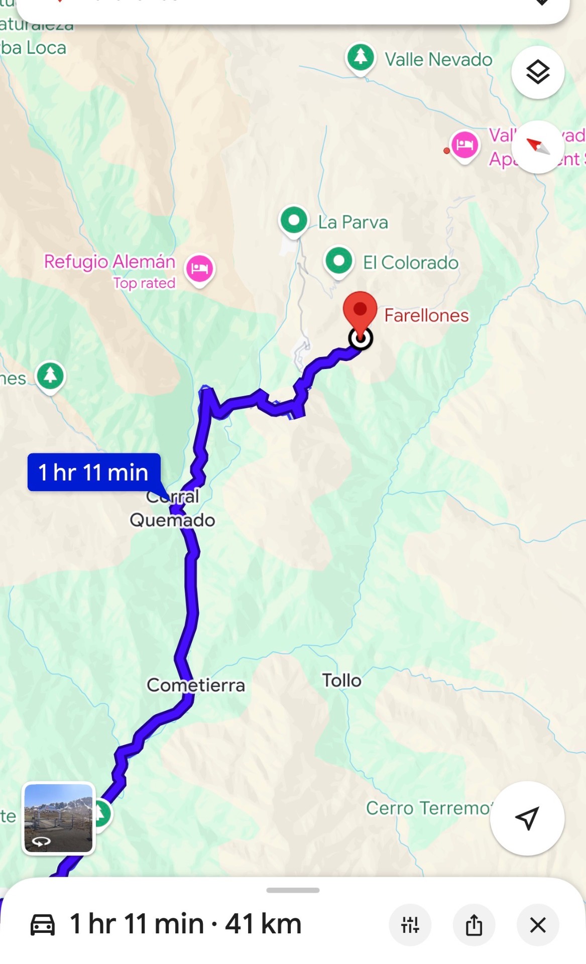 Driving route from Santiago (Las Condes) to Valle Nevado