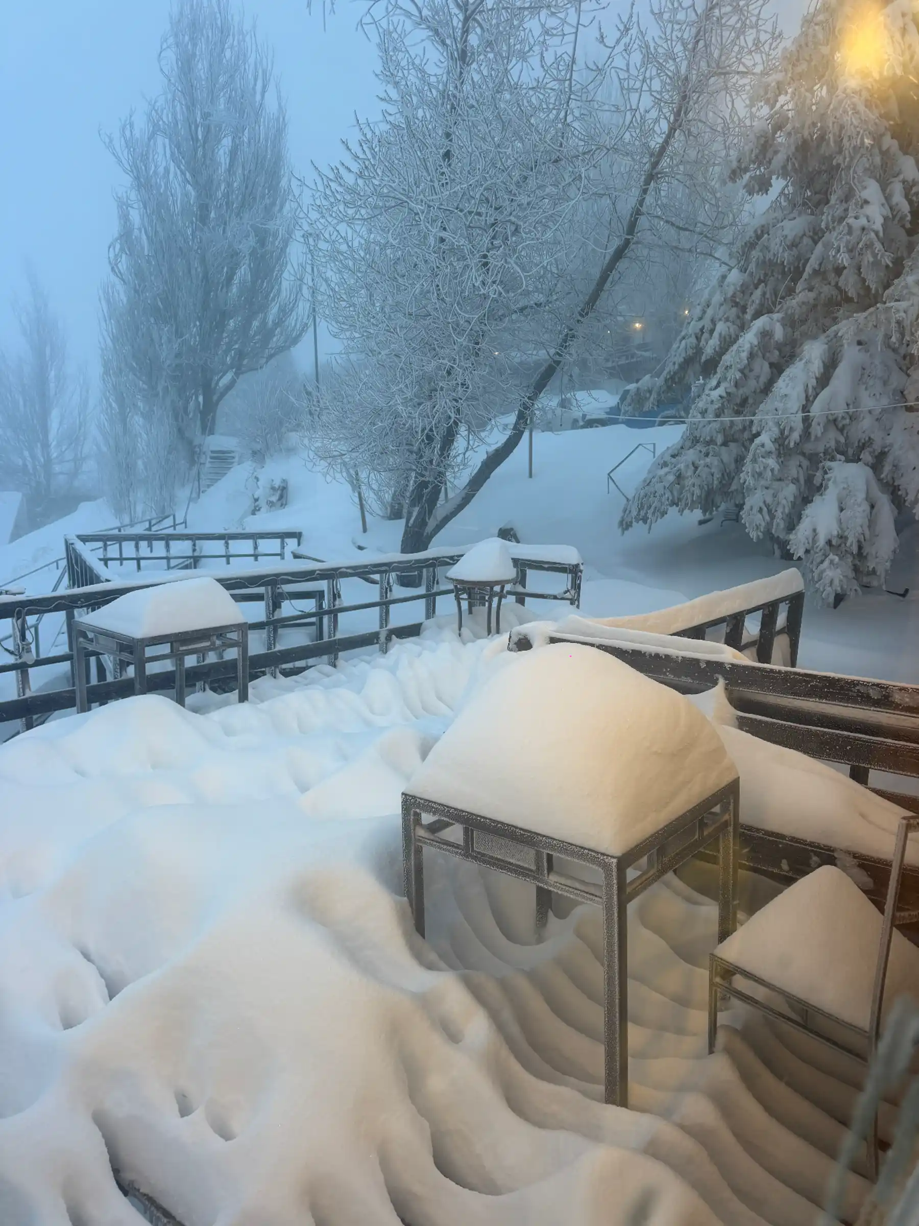 Snow-buried terrace and frosted trees during a foggy storm morning in La Parva