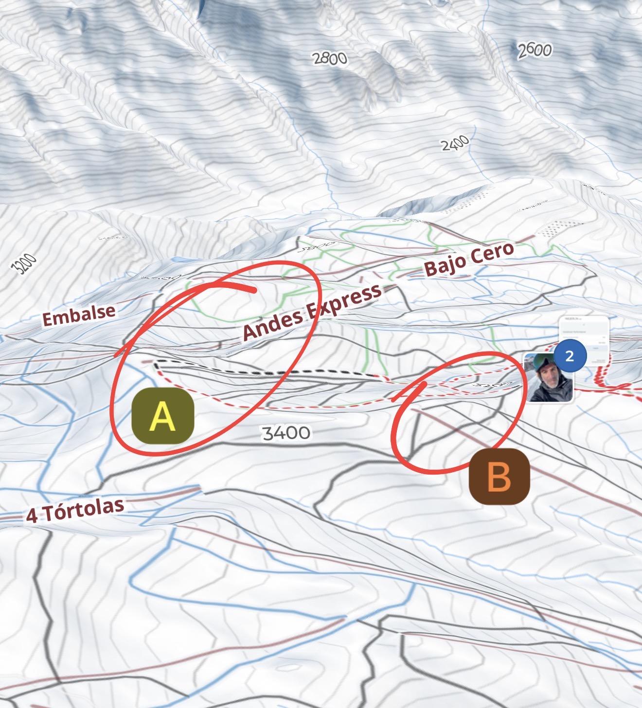 Ski map showing the return route from Valle Nevado down to Farellones, with points A and B marked
