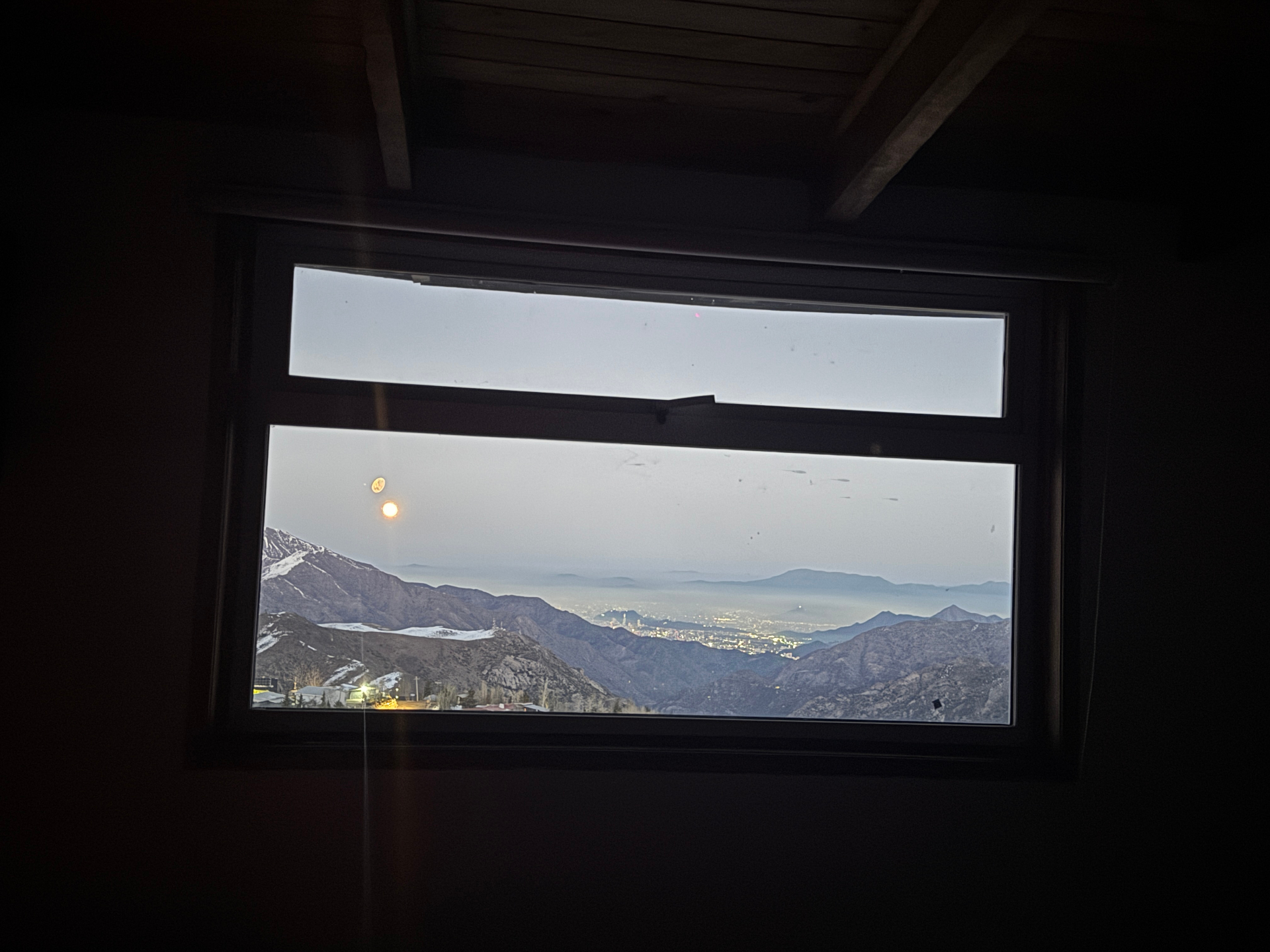 South America ski village at night, Farellones view over Santiago lights